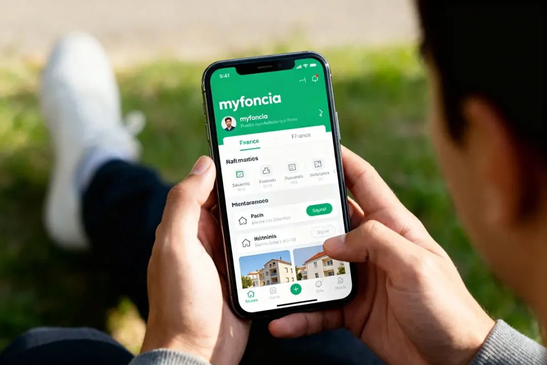 Personne utilisant l'application mobile myfoncia mon compte sur un smartphone en extérieur