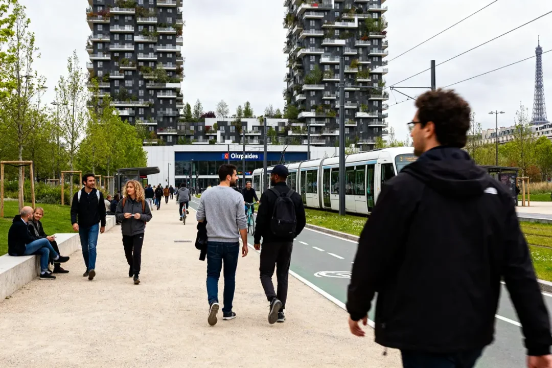 Des personnes marchant proche d'une station de tram Olympiades Paris avec des immeubles modernes