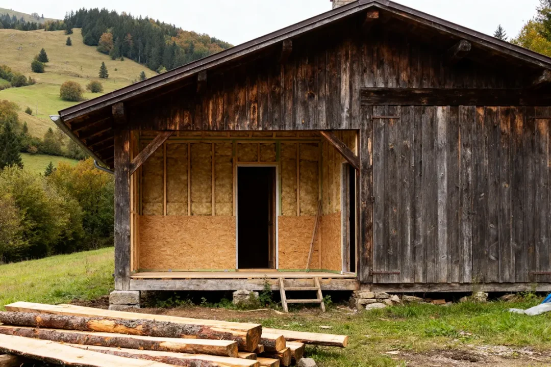 Cabane en bois avec plancher bas, en construction dans un paysage montagneux