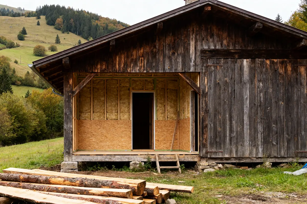 Cabane en bois avec plancher bas, en construction dans un paysage montagneux