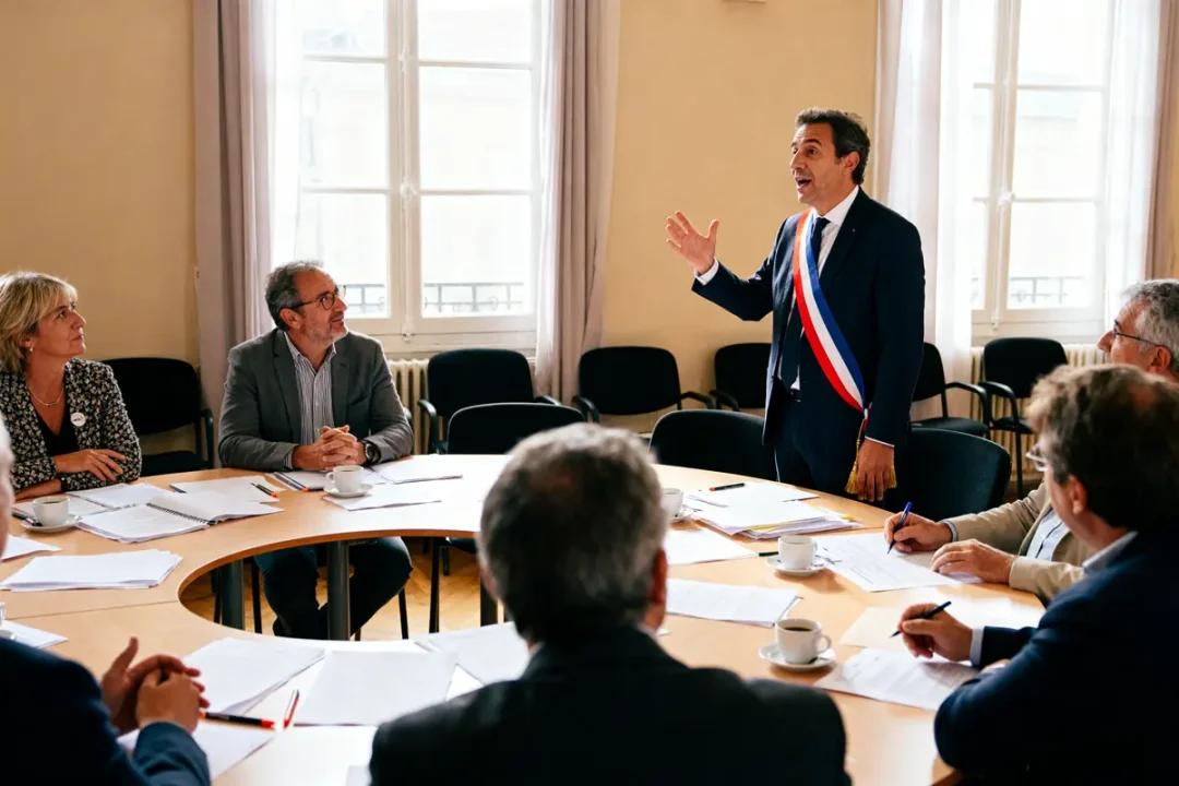 Réunion municipale discutant du salaire du maire avec le maire en écharpe tricolore.