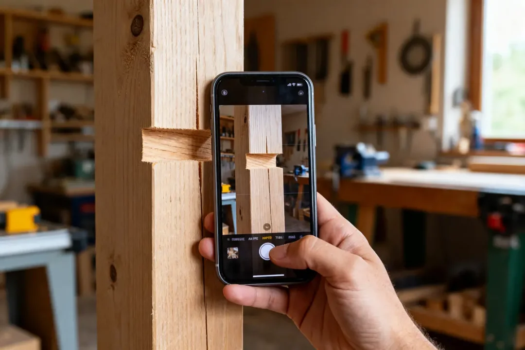 Personne prenant en photo un assemblage tenon mortaise en bois avec un smartphone.