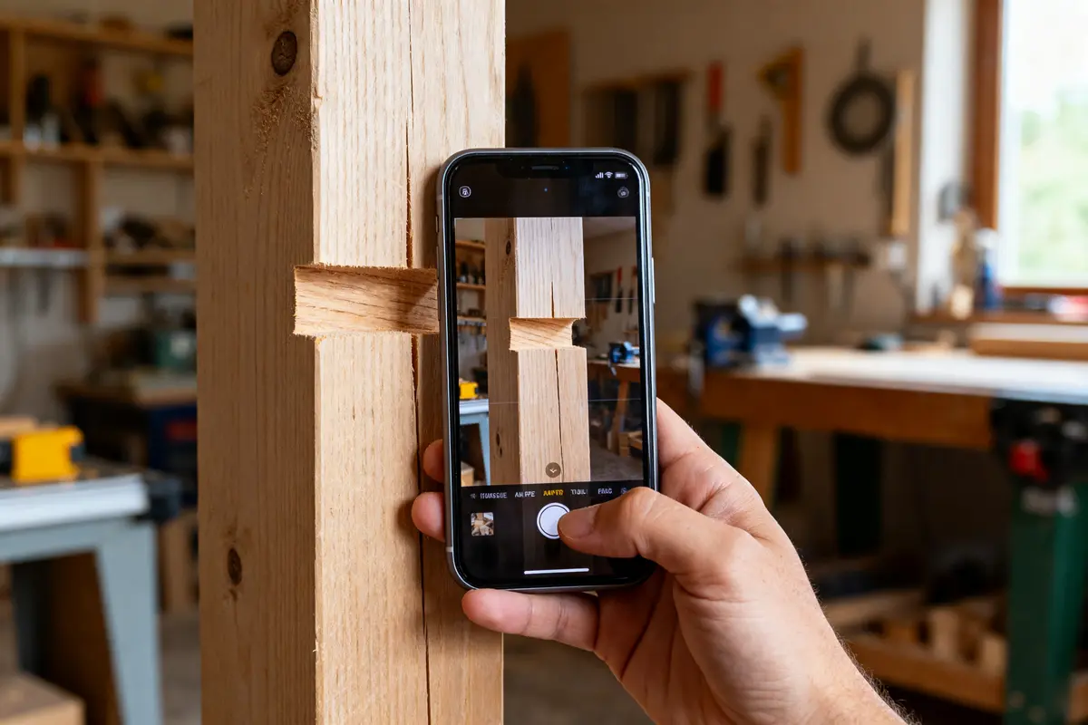 Personne prenant en photo un assemblage tenon mortaise en bois avec un smartphone.