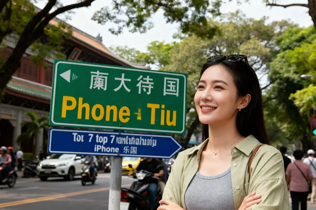 Jeune femme souriante devant panneaux routiers dans le top 7 des pays d'Asie