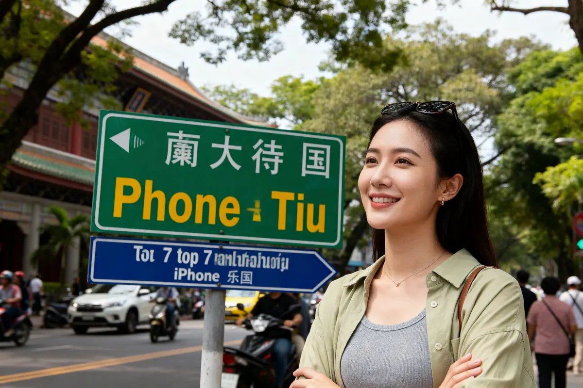 Jeune femme souriante devant panneaux routiers dans le top 7 des pays d'Asie