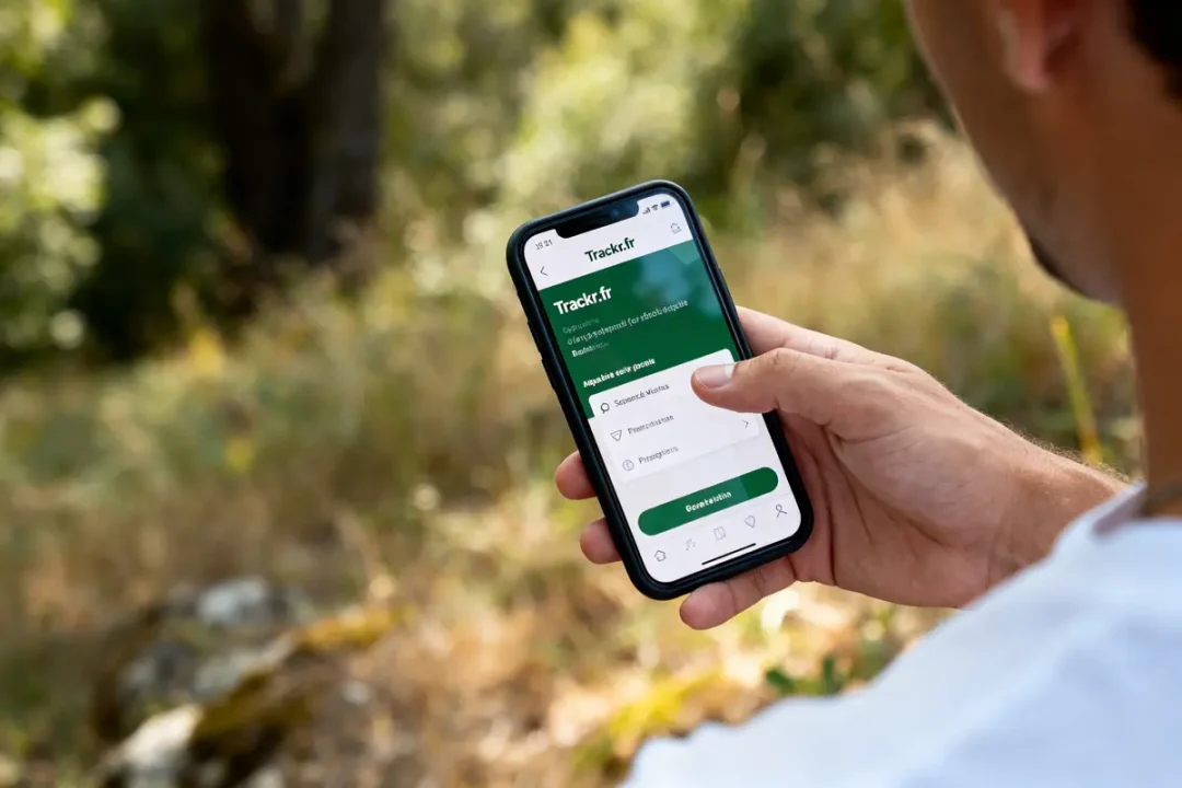 Personne utilisant l'application mobile trackr.fr tech en plein air entourée par la nature