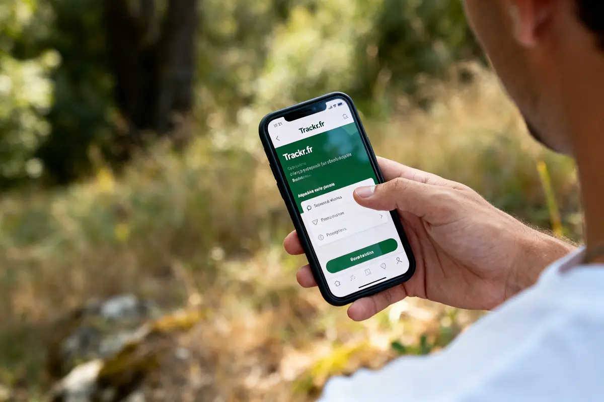 Personne utilisant l'application mobile trackr.fr tech en plein air entourée par la nature