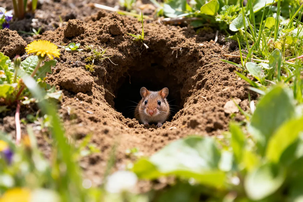 Un petit rongeur observe depuis des trous dans le jardin sans monticule terreux