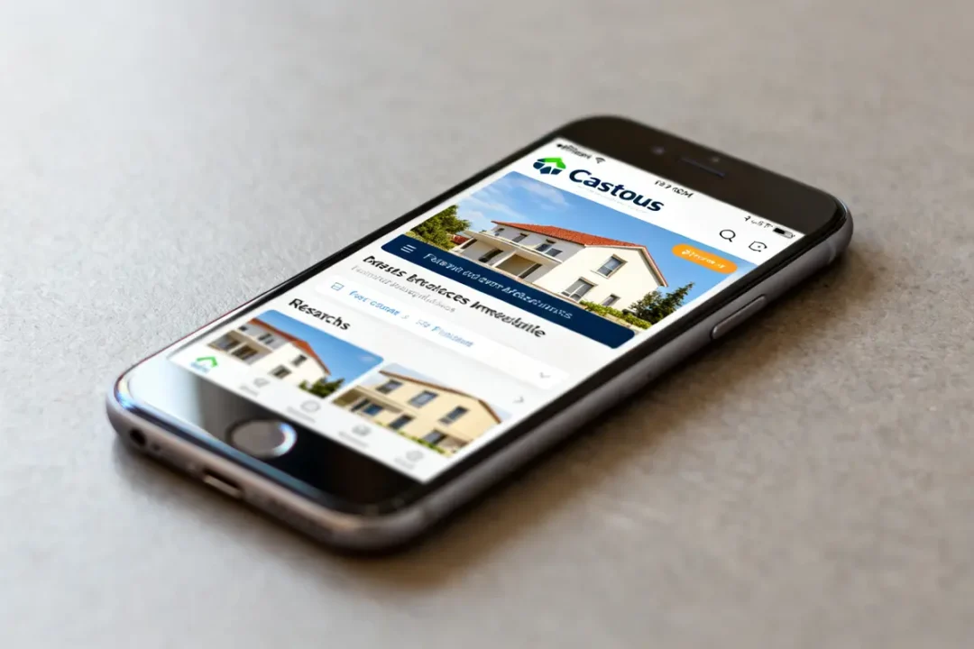 Smartphone affichant l'application immobilière Castorus avec une maison sur l'écran