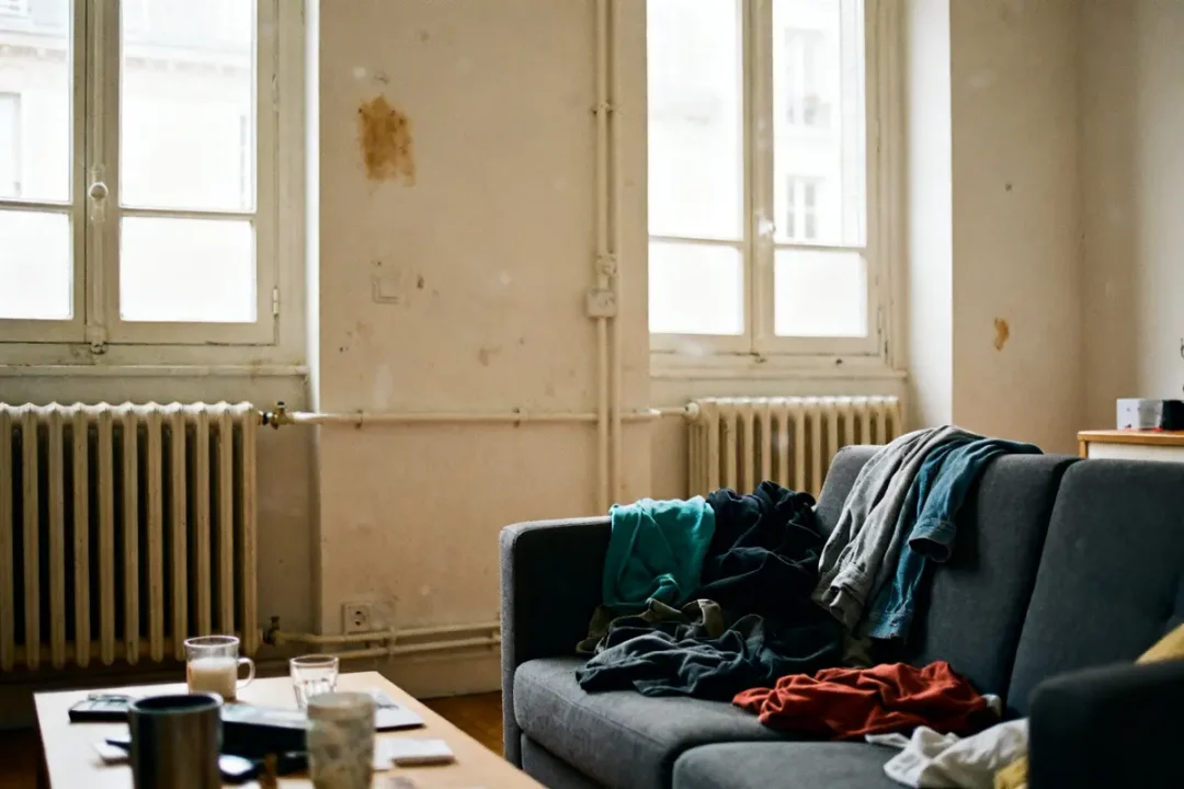 Salon désordonné avec vêtements éparpillés, radiateur et importance du DPE à la location