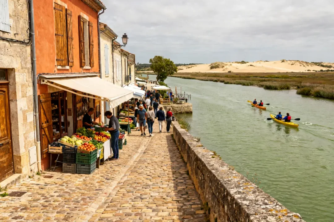 Personnes se promenant à Mornac sur Seudre près de kayaks sur le canal fleuri