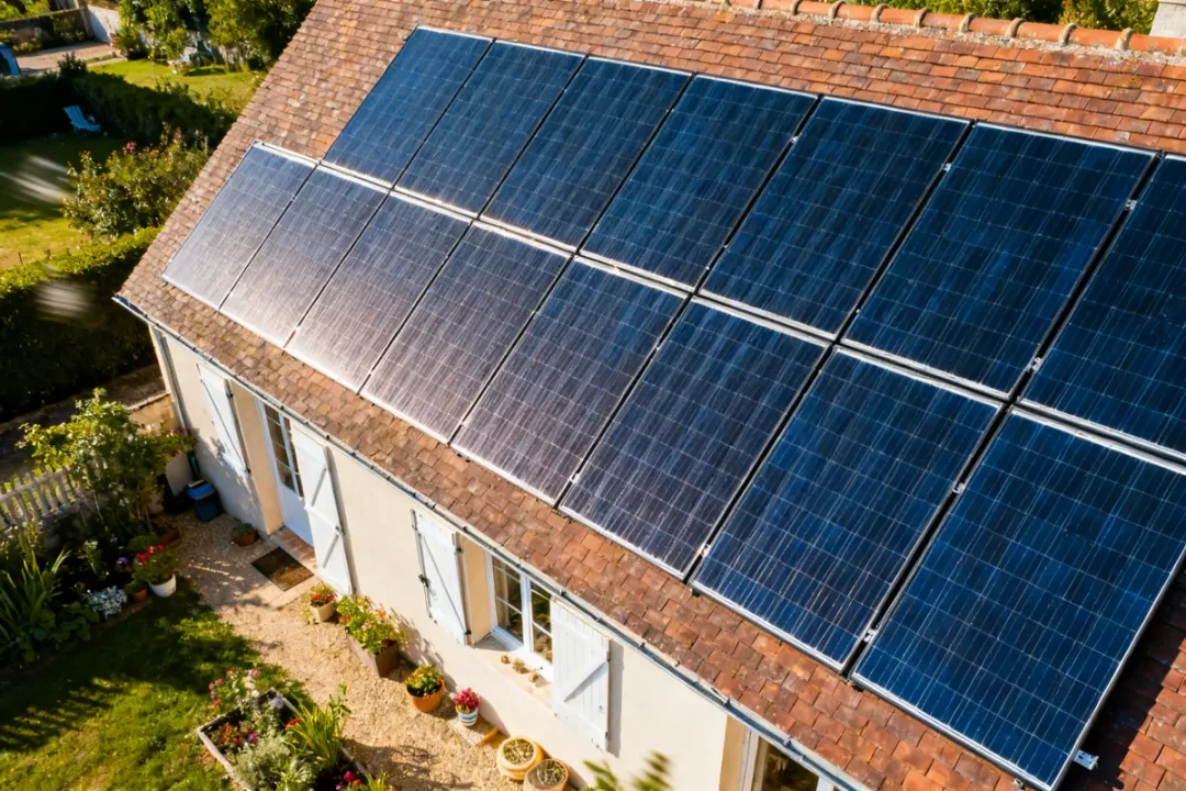 Maison équipée de panneaux solaires performants avec Mylight system sur le toit en pente