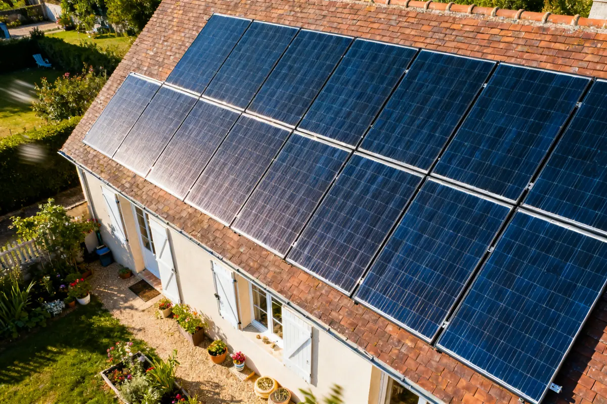 Maison équipée de panneaux solaires performants avec Mylight system sur le toit en pente