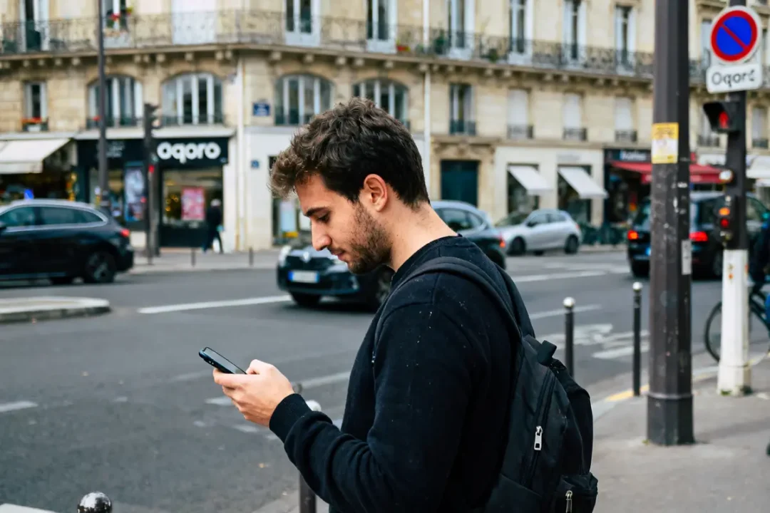 Jeune homme avec sac à dos devant magasin Oqoro vérifiant son téléphone rue animée