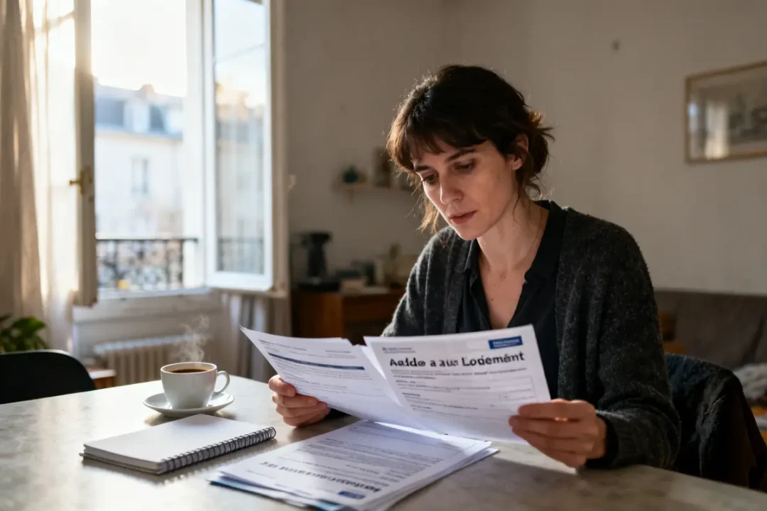 Femme lisant des documents d'aide logement à une table près d'une fenêtre ouverte