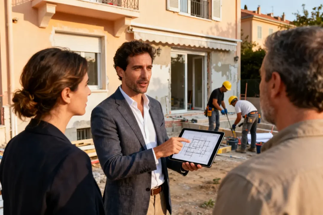 Architecte utilisant une tablette pour conseil architecte travaux maison appartement Nice clients chantier.