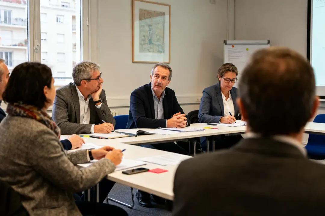 Réunion de travail en salle pour arc copro fr avec plusieurs personnes autour d'une table