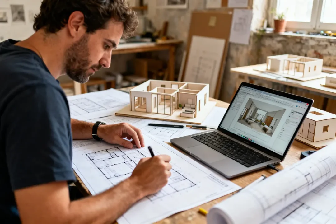 Architecte d'intérieur dessinant des plans en consultant des maquettes et un ordinateur portable