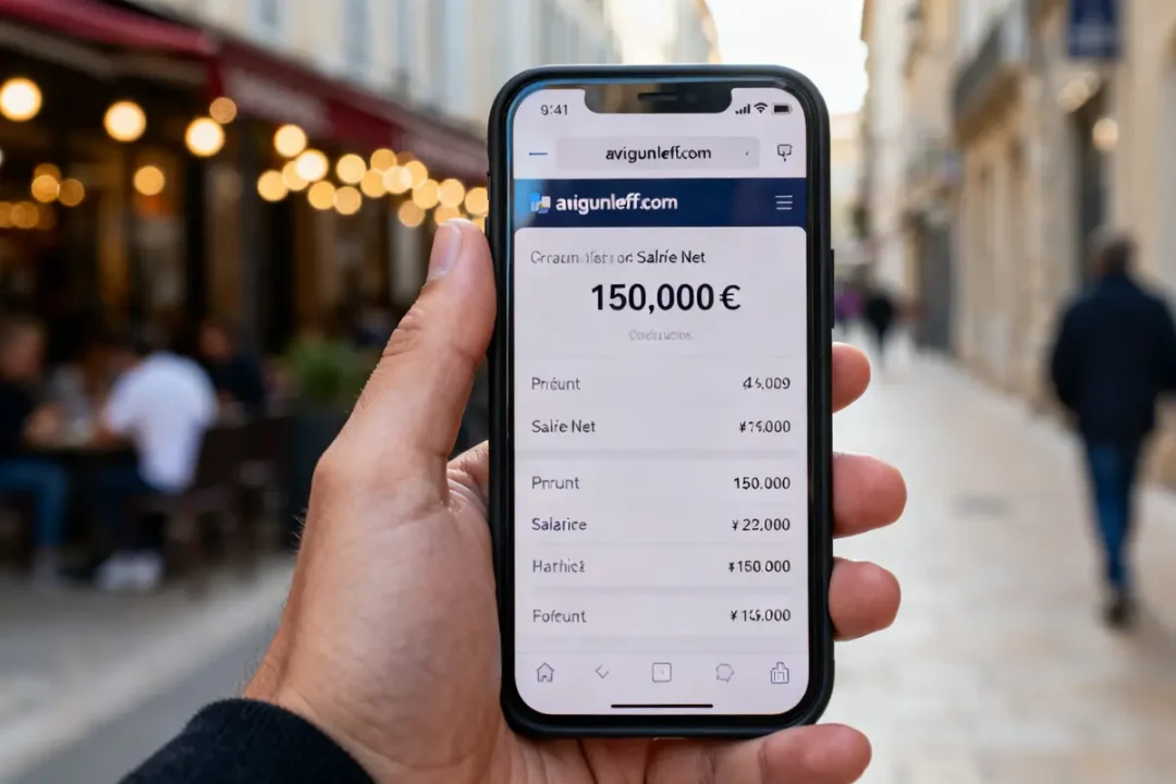 Main tenant un smartphone avec site avignonleoff.com affichant simulation prêt immobilier 150,000 euros