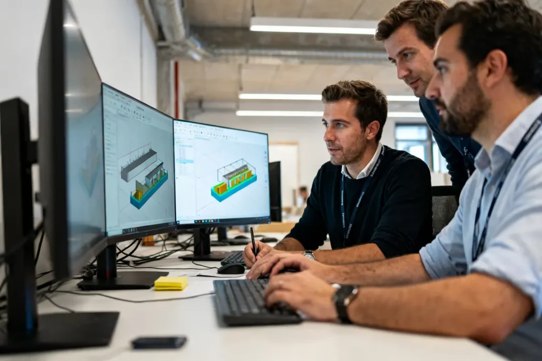 Des professionnels en conception 3D collaborant sur bim and co devant des écrans d'ordinateur