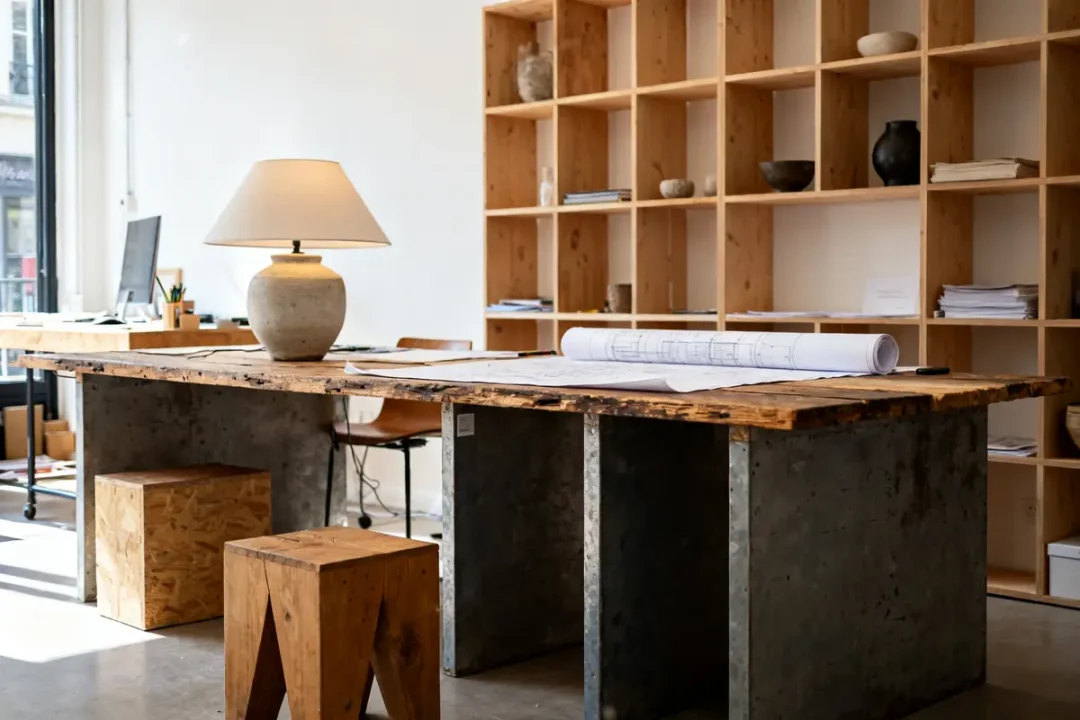 Bureau moderne avec table en bois dans cabinet d'architecte d'intérieur et étagères design