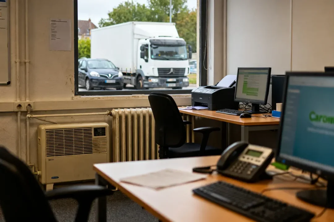 Bureau avec ordinateurs, imprimante, vue extérieure sur camion pour calcul bilan carbone efficace