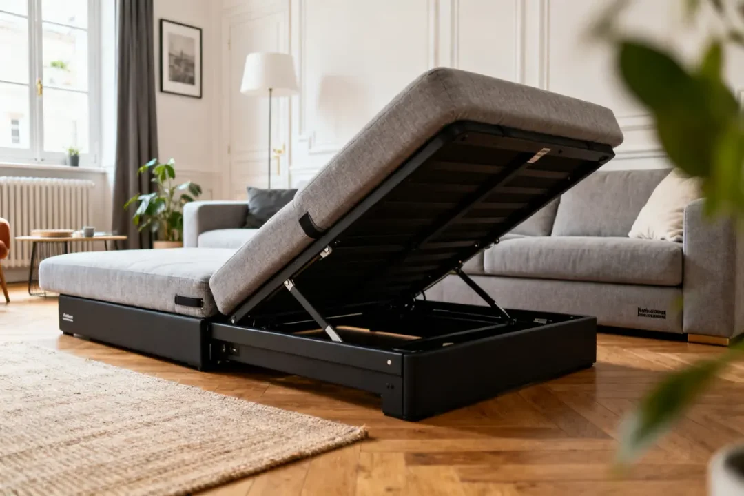 Canapé convertible Maison du Monde gris dans salon élégant avec parquet et lumière naturelle