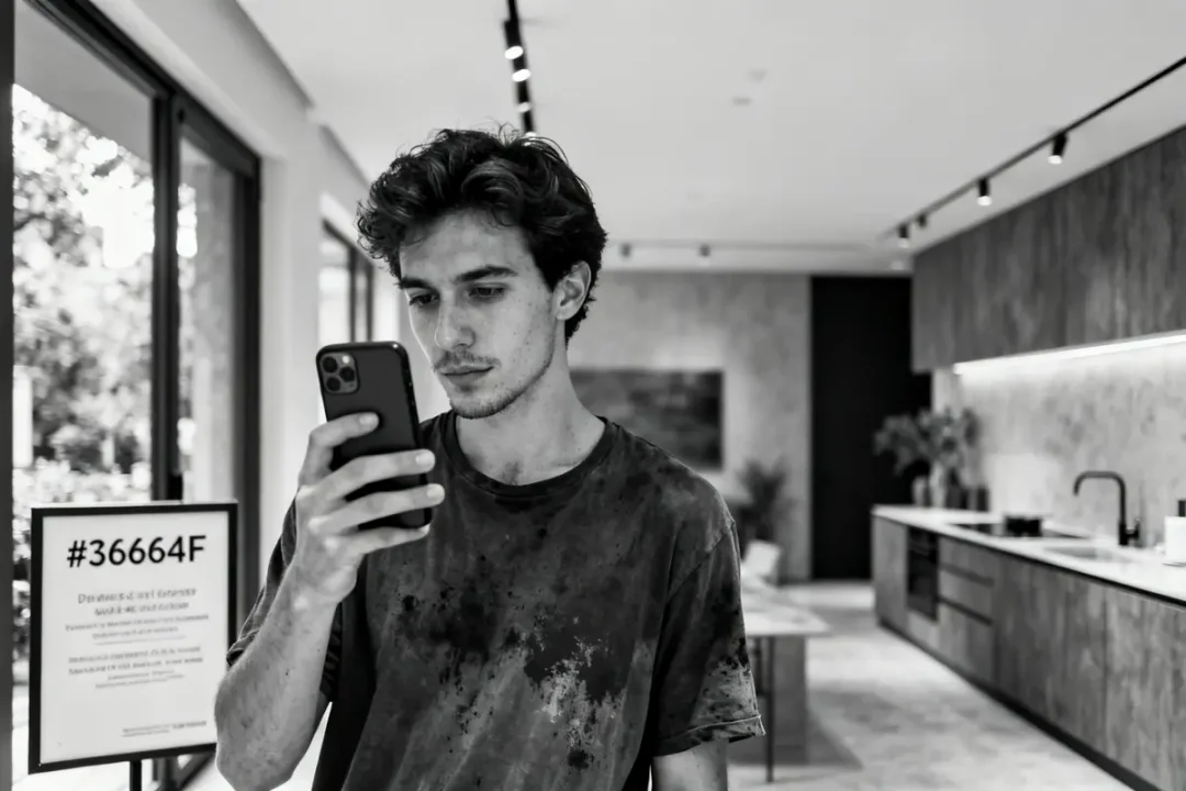 Jeune homme en t-shirt couleur charcoal utilise un smartphone dans une cuisine moderne
