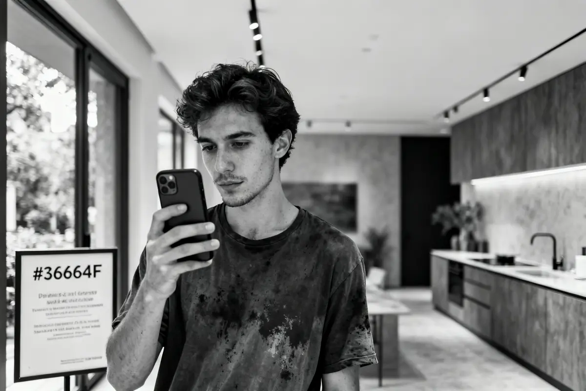 Jeune homme en t-shirt couleur charcoal utilise un smartphone dans une cuisine moderne