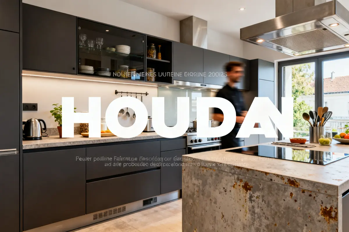 Moderne cuisine Houdan avec plan de travail en béton et appareils électroménagers.