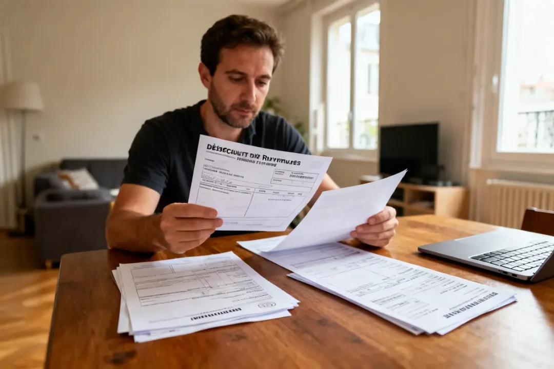 Homme assis examinant des documents liés à la déduction travaux revenus fonciers sur une table.