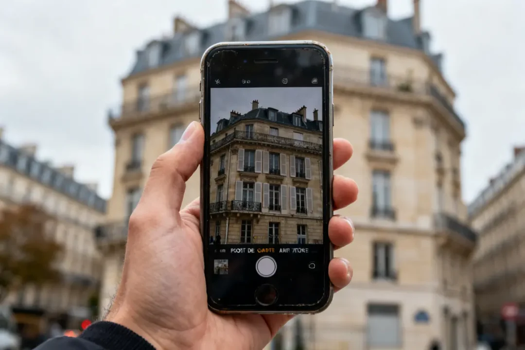 Personne tenant un smartphone capturant un immeuble parisien, lié au depot de garantie notaire