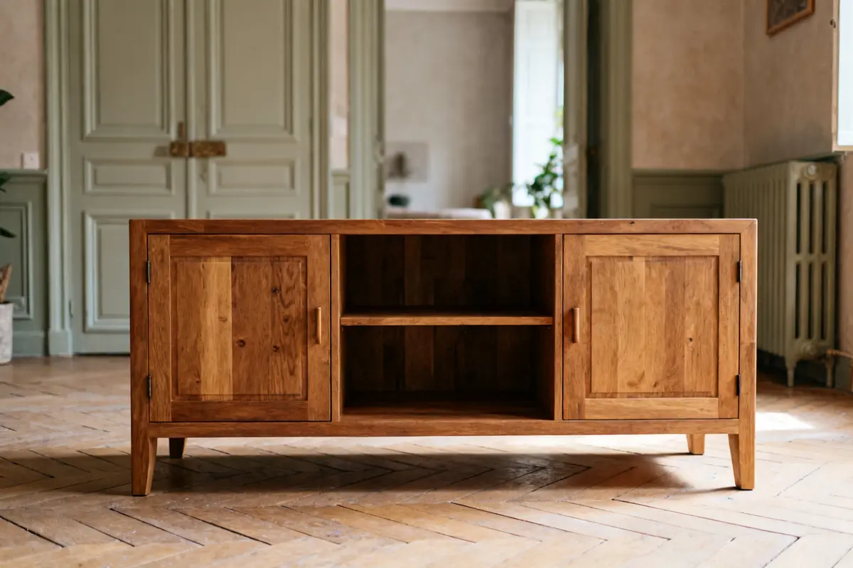 Meuble en bois dans un salon élégant par Etnicraft, vue devant portes ouvertes.