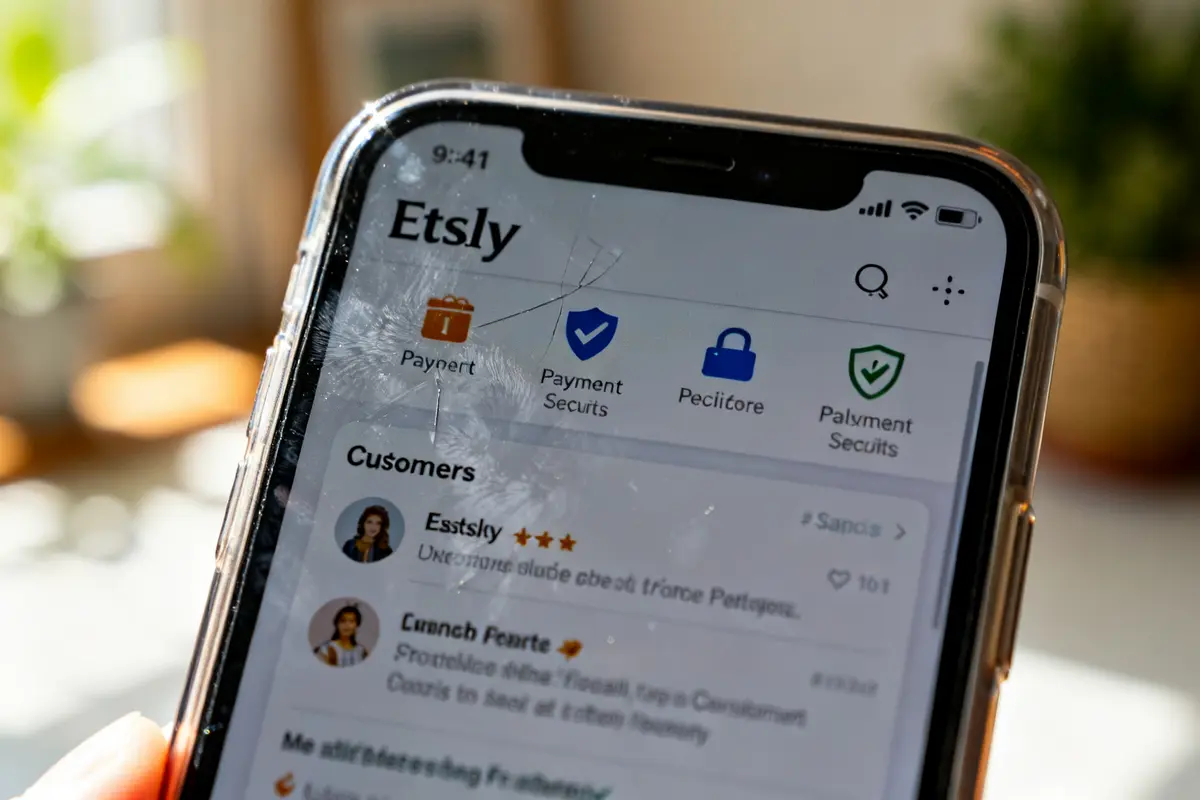 Écran de smartphone affichant une application ressemblant à Etsy site fiable avec icônes sécurisées