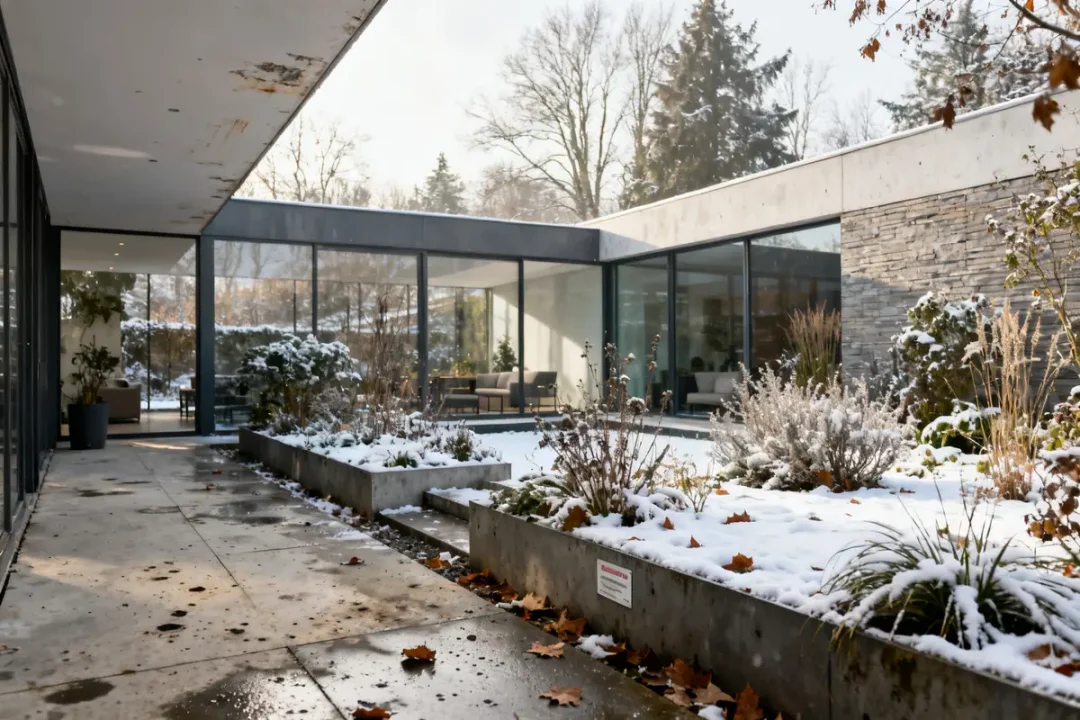 Jardin d'hiver moderne enneigé entouré de grandes vitres et de murs en pierre.