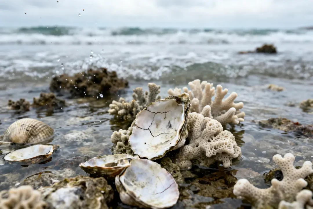 Coraux blanchis et coquilles cassées illustrant le réchauffement et l'acidification des océans conséquences.