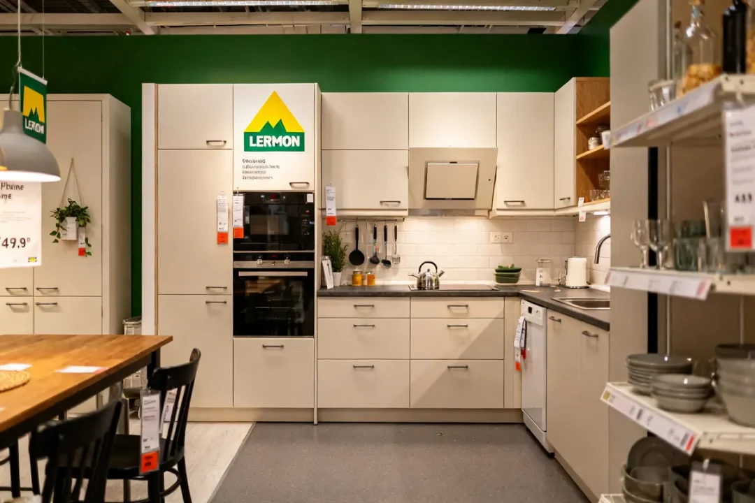 Cuisine moderne blanche avec électroménagers intégrés, style leroy merlin cuisine, étagères ouvertes à droite