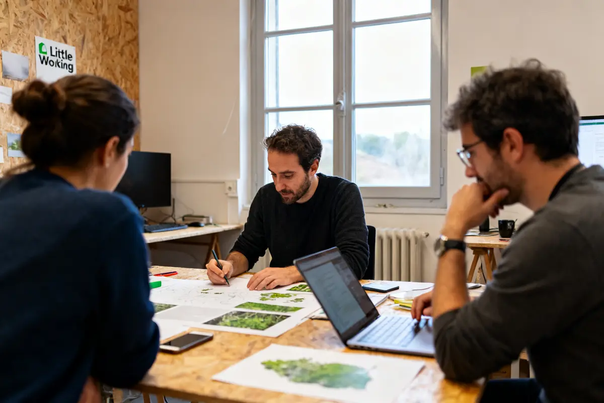 Trois personnes collaborent dans un bureau avec des documents sous le logo Little Working