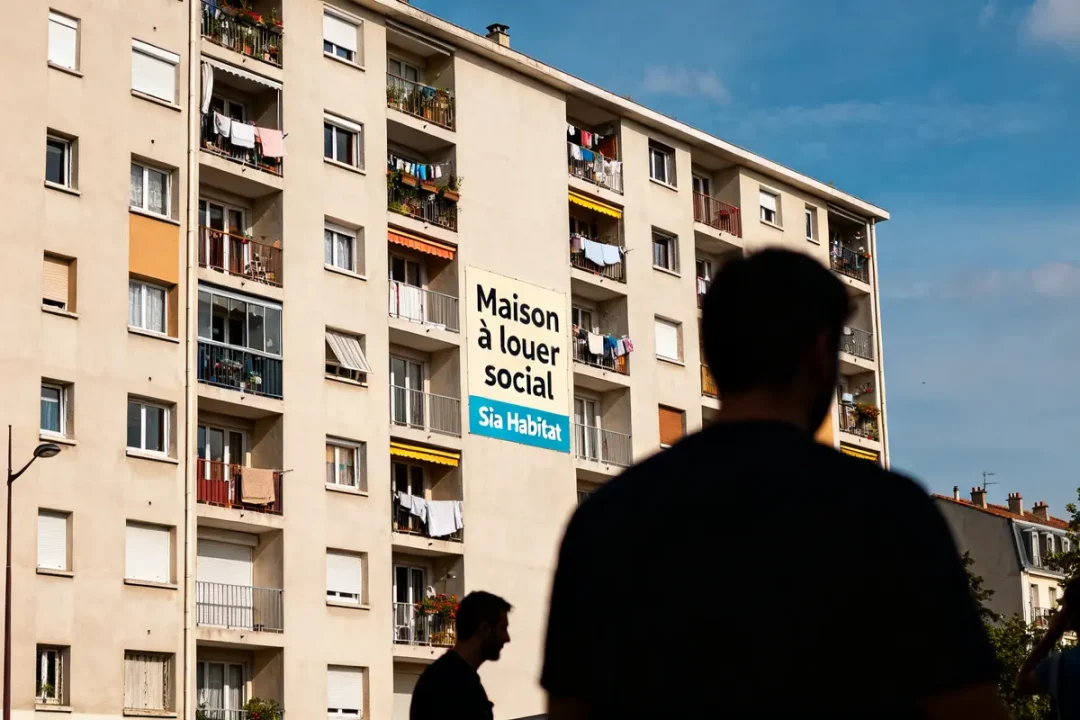 Immeuble résidentiel avec panneau maison à louer social Sia Habitat en pleine journée ensoleillée