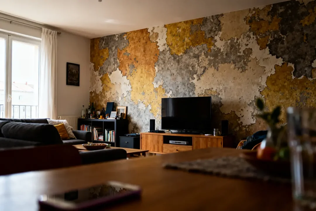 Salon avec mur papier peint coloré, télévision sur meuble en bois, canapé gris confortable