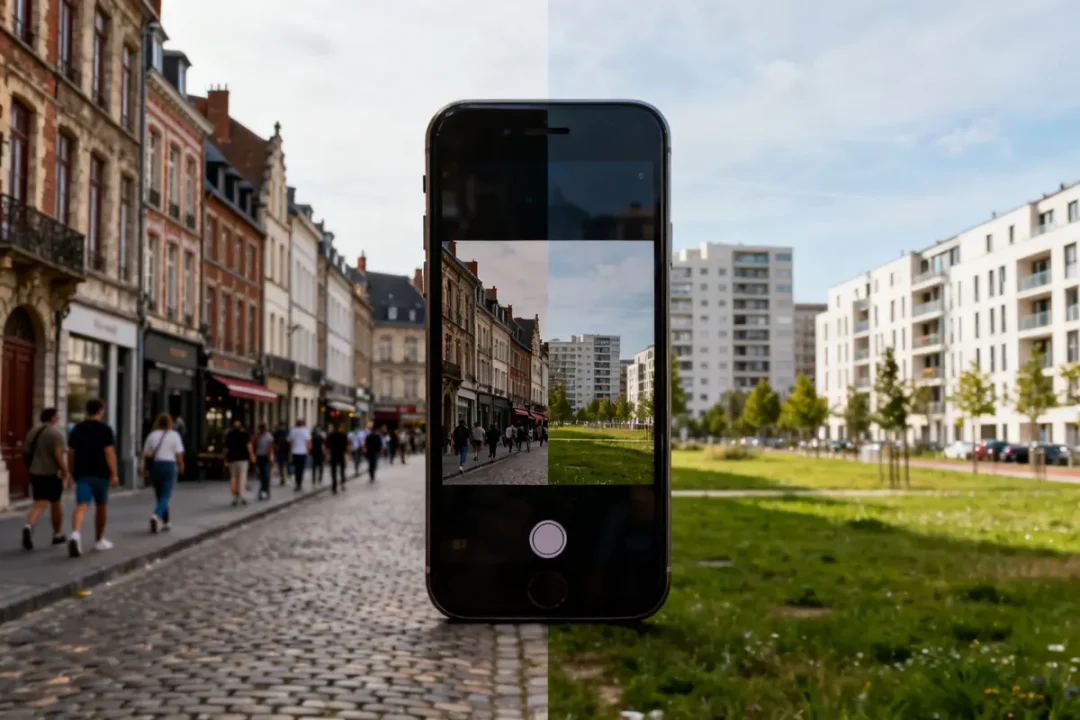 Façades traditionnelles et modernes illustrant le prix du m2 à Lille via smartphone