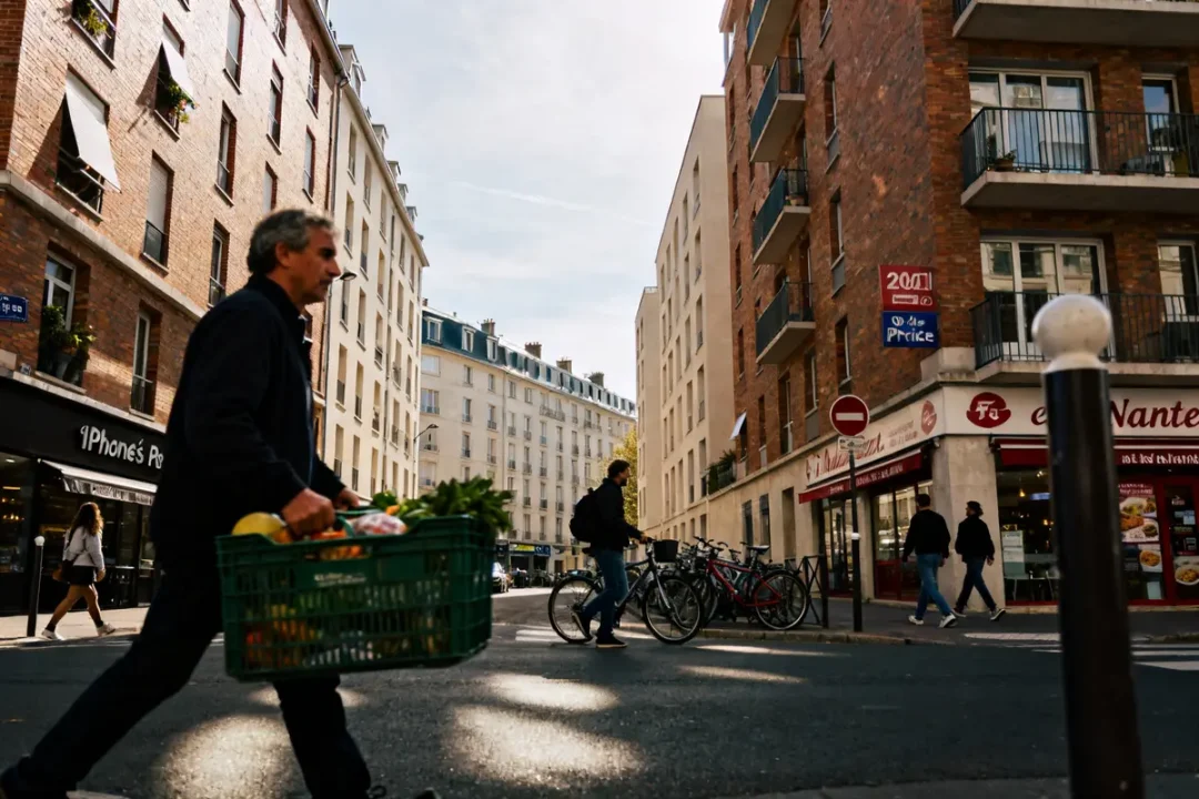 Homme portant un panier traversant une rue de Nantes prix du m2 à Nantes