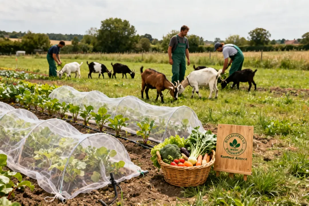 Des chèvres broutent dans une ferme certifiée Rainforest Alliance Organization avec légumes frais en panier