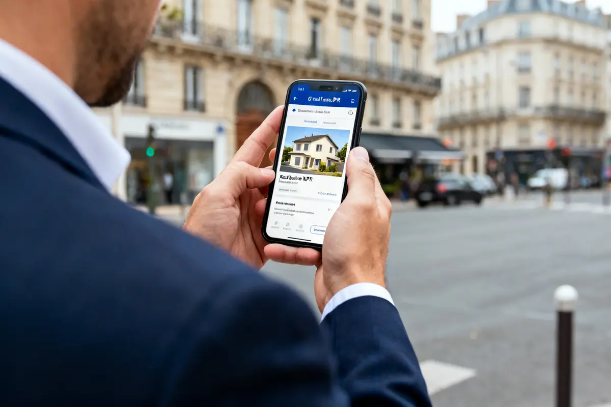 Personne consultant une application immobilière Real Estate RPR sur smartphone en ville