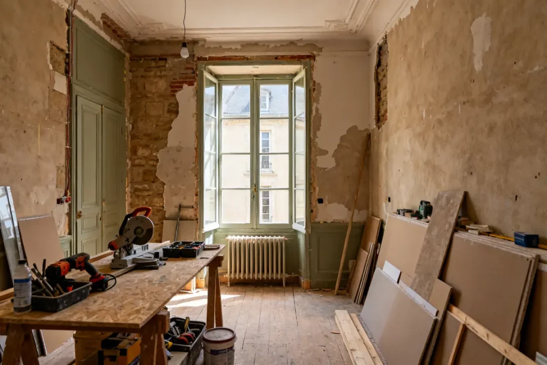 Atelier de rénovation intérieur maison Dole avec outils, planches et mur en cours de restauration