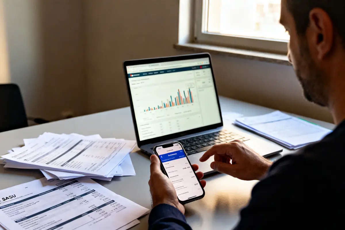 Personne consultant simulation salaire sasu sur ordinateur portable et smartphone avec documents sur table