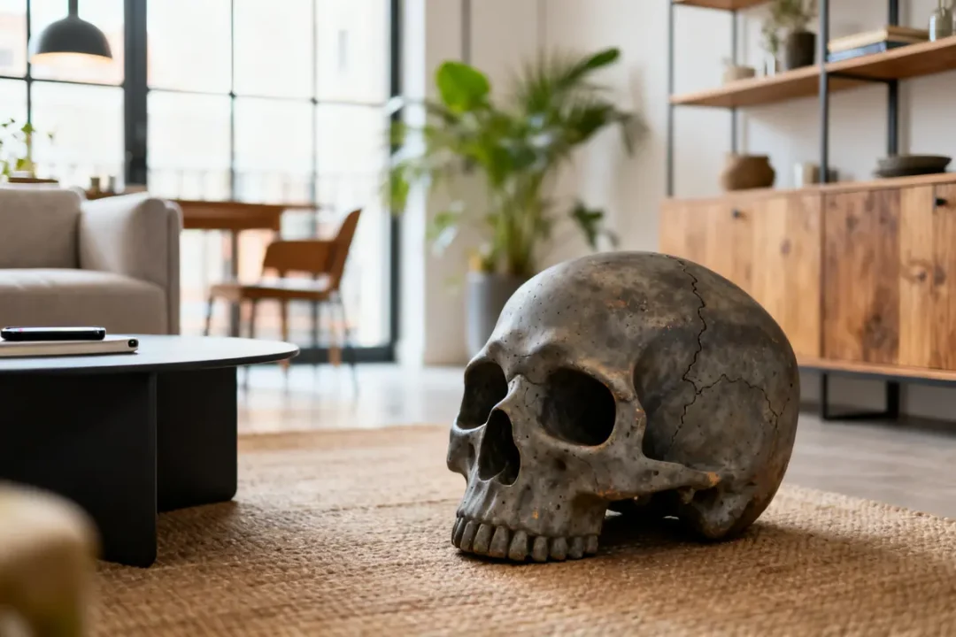 Crâne décoratif en résine dans un salon moderne lumineux, accent intéressant de style skulm