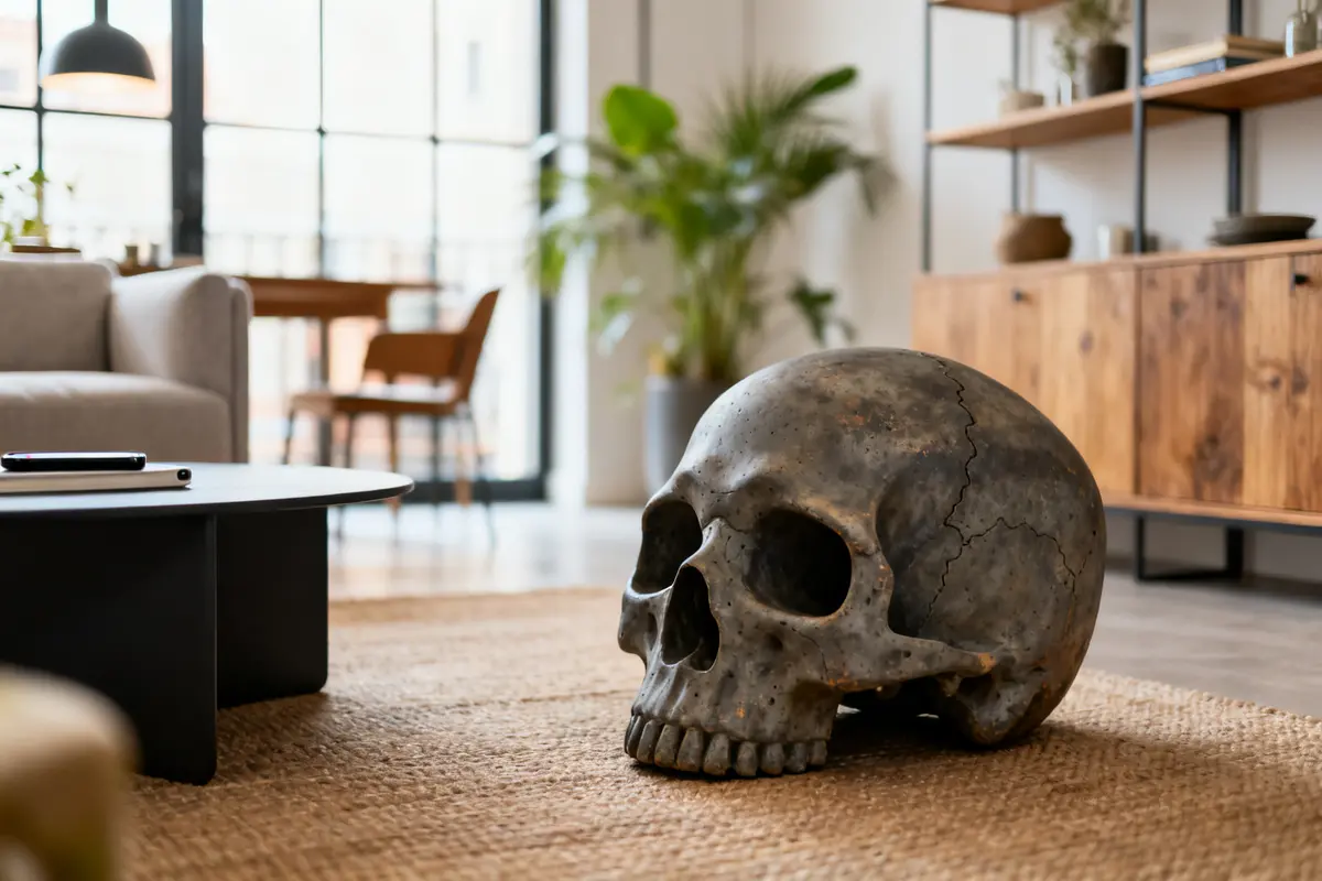 Crâne décoratif en résine dans un salon moderne lumineux, accent intéressant de style skulm