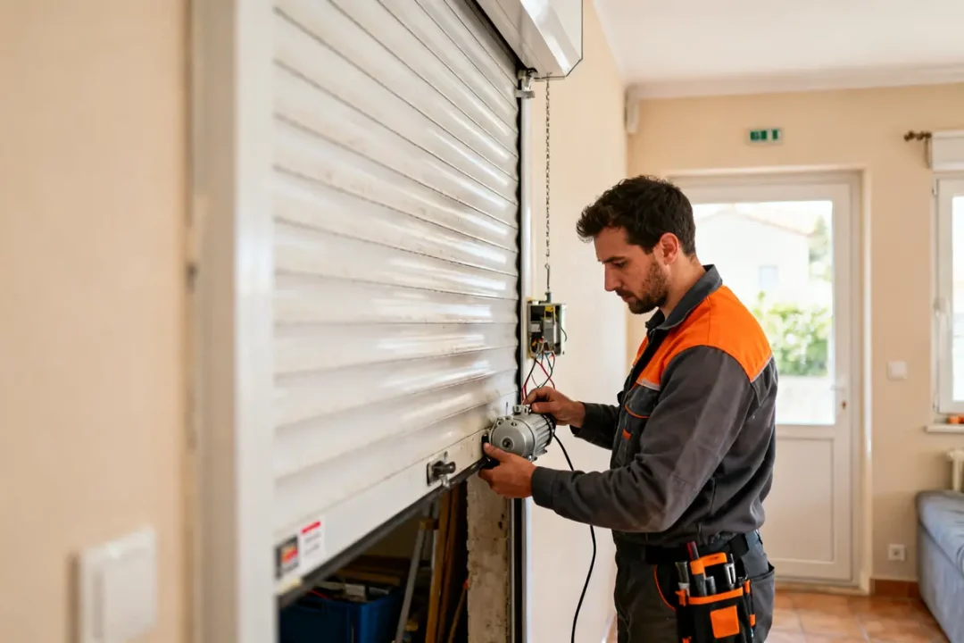 Technicien effectuant un volet roulant dépannage dans une pièce lumineuse