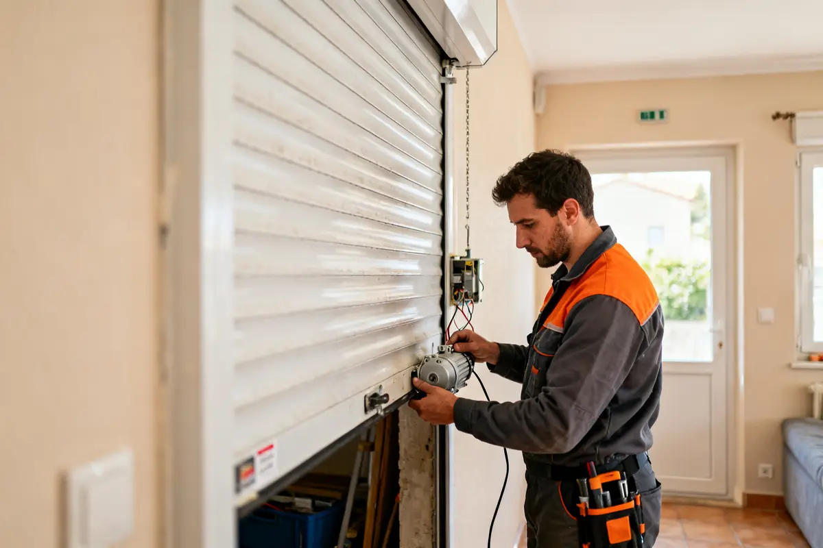 Technicien effectuant un volet roulant dépannage dans une pièce lumineuse